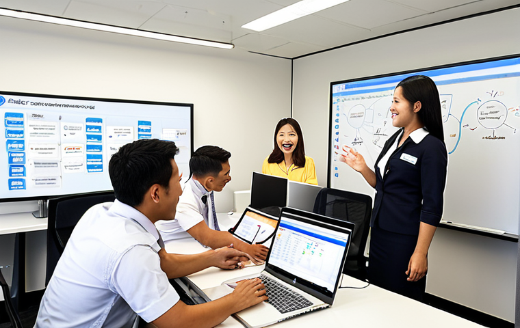 Collaborative Customer Service Team**

Prompt: Diverse customer service team brainstorming in a modern, bright office. Focus on open communication, happy expressions, and a whiteboard with customer-centric ideas. Include laptops and CRM software interface visible on screen. Thai script subtly in the background.

**